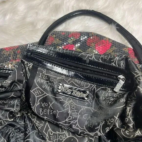 BETSEY JOHNSON Full SEQUINS RED ROSES Tote HOBO  Weekender Bag - Picture 10 of 16